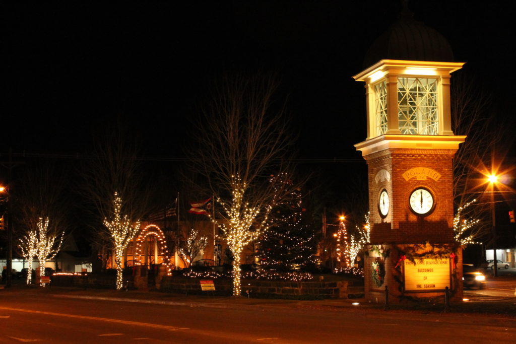 Center of Poland Village illuminated white Edison holiday lighting