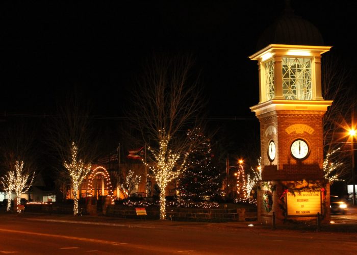Center of Poland Village illuminated white Edison holiday lighting